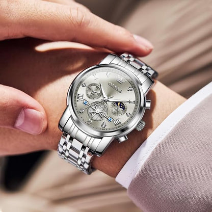 OLEVS Men Silver Watches,Men's Stainless Steel Chronograph Watch,Man Analog Quartz Big Face Male Watches Luxury Waterproof Roman Numeral Dress Diamond Relojes para Hombre