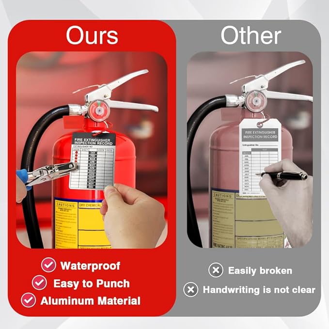 100 Sets 2026–2029 Fire Extinguisher Tags Aluminum Metal Inspection Record Tags 2.2 x 3 Inch with Hole Puncher & Numbered Security Zip Ties for Monthly Fire Extinguisher Inspection Indoor Outdoor