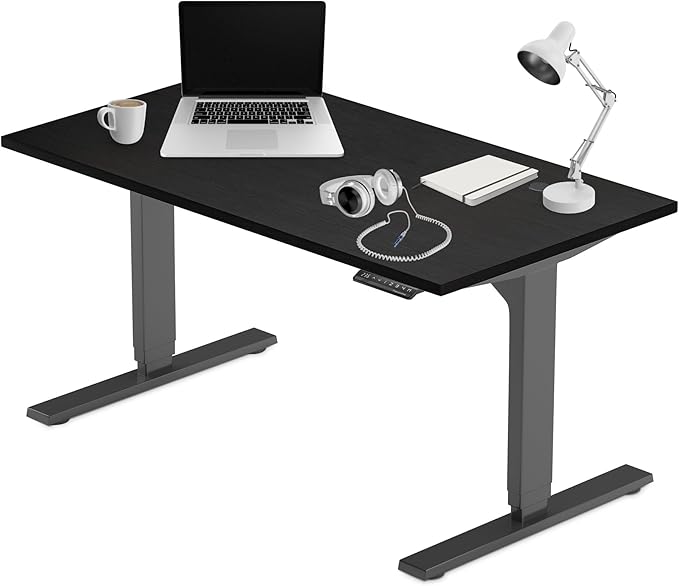 Progressive Desk Stand Up Height Adjustable Electric Standing Desk - 55" x 28" with Dual Motor, 3 Stages Sit Stand Table for Home Office - Ebony Oak, Black Frame