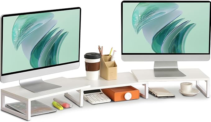 TEAMIX White Dual Monitor Stand Riser for 2 Monitors, Wood & Metal Stand Adjustable Length/Angle Shelf Triple Monitor Stand for Screens/PCs/Printers/Laptops Desktop Organizer