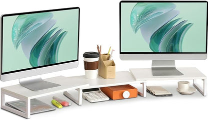 TEAMIX White Dual Monitor Stand Riser for 2 Monitors, Wood & Metal Stand Adjustable Length/Angle Shelf Triple Monitor Stand for Screens/PCs/Printers/Laptops Desktop Organizer