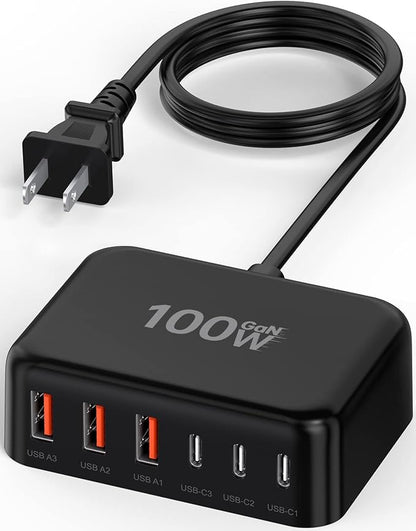 Updated USB C Fast Charger Block, 100W GaN 6 Port PD USB C QC USB A Wall Charger Adapter Plug Cube, Type C Charging Station Hub for iPhone 17 16 15 14 13 Pro Max iPad Samsung Pixel 5ft Extension Cord