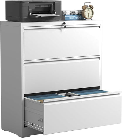 3 Drawer Lateral File Cabinets with Lock,White Metal Lateral Filing Cabinet for Home Office,Wide Steel Storage Cabinet Commercial Drawer Cabinet for Legal/Letter/A4 Size Files