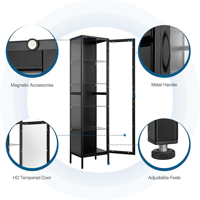 Display Storage Cabinet with Glass Doors, 71 Inches Metal Curio Cabinets with 4 Adjustable Shelves, HD&Tempered Glass Cabinet Display Case for Home, Office, Pantry, Assemble Required (Black)