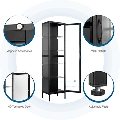 Display Storage Cabinet with Glass Doors, 71 Inches Metal Curio Cabinets with 4 Adjustable Shelves, HD&Tempered Glass Cabinet Display Case for Home, Office, Pantry, Assemble Required (Black)