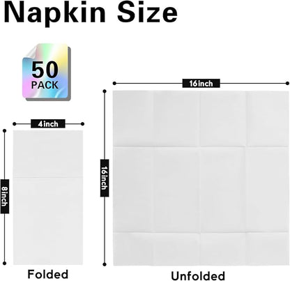 White Napkins Hand Towels Disposable, Linen-Feel Dinner Napkins with Prefolded Built-in Flatware Pocket, Guest Paper Hand Towels For Wedding, Dinner Or Party (16x16in, 50Pack）