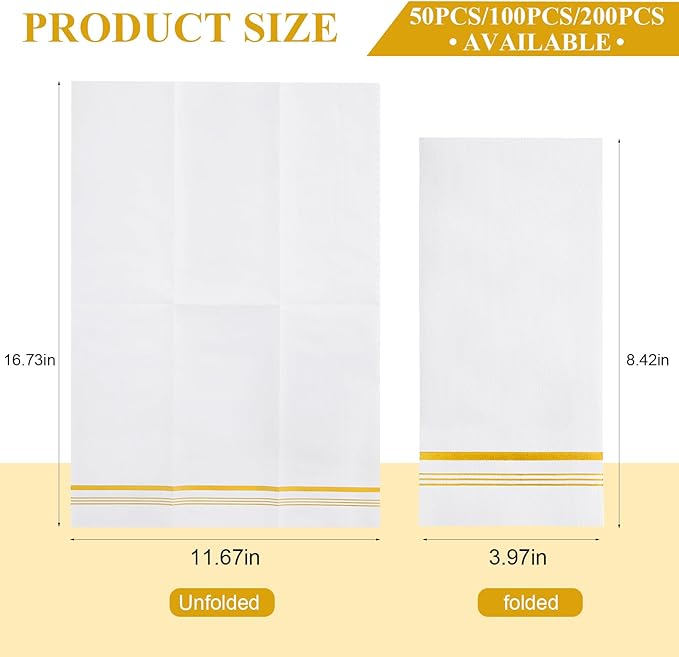 100 Disposable Paper Hand Towels for Bathroom, Linen Feel Guest Towels, Soft and Absorbent Paper Towels Napkins Bulk for Dinner Parties Kitchen Wedding Graduation, 12" x 17"(Gold Trim Lined)