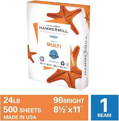 Hammermill Printer Paper, Multipurpose Inkjet Paper 24 lb, 8.5 x 11 - 1 Ream (500 Sheets) - 96 Bright, Made in the USA, 105050R