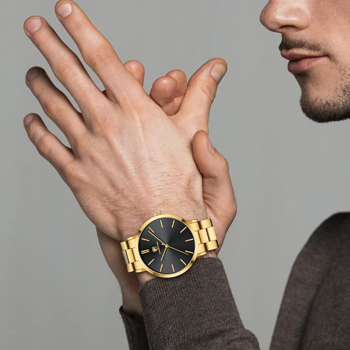 GOLDEN HOUR Men's Watches Slim Minimalist Runway Plated Stainless Steel Quartz Analog Watch