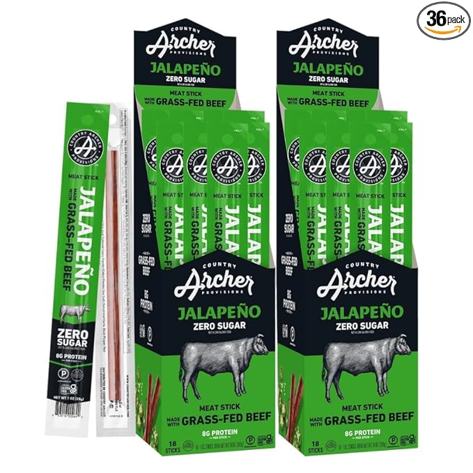 Country Archer Beef Jerky Sticks Jalapeno - Grass Fed Beef Sticks Individually Wrapped, Beef Sticks Bulk, Beef Jerky Snack Packs, Gluten Free, Paleo, Keto, Sugar Free - 1 oz Meat Sticks (Pack of 36)