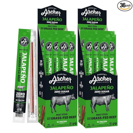 Country Archer Beef Jerky Sticks Jalapeno - Grass Fed Beef Sticks Individually Wrapped, Beef Sticks Bulk, Beef Jerky Snack Packs, Gluten Free, Paleo, Keto, Sugar Free - 1 oz Meat Sticks (Pack of 36)
