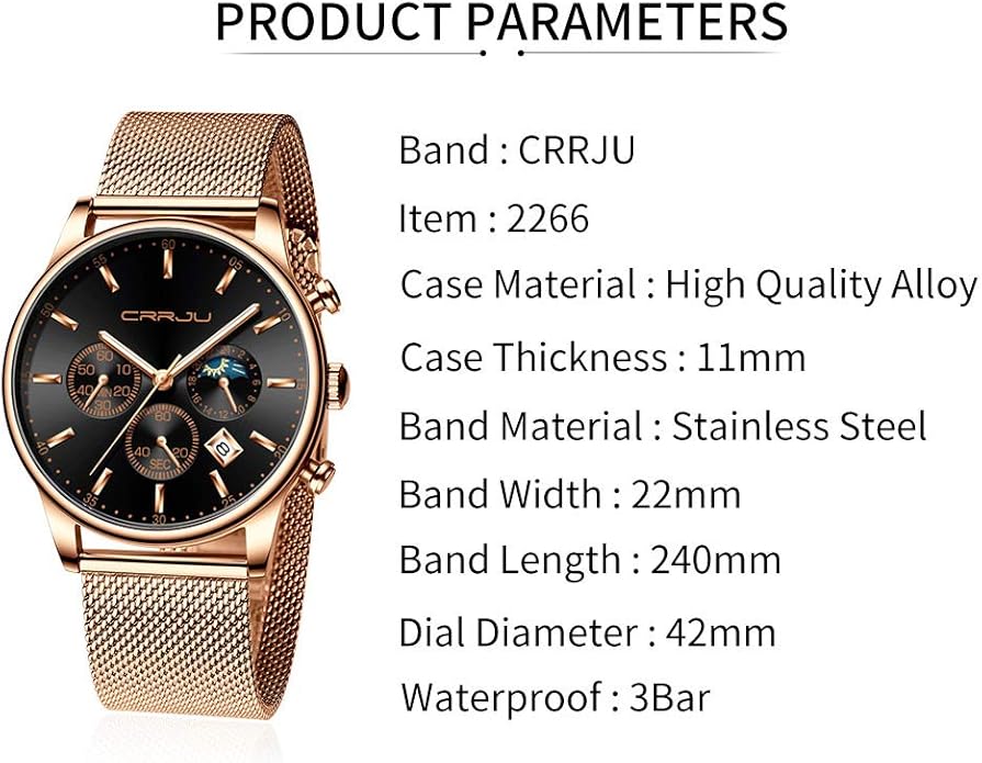 CRRJU Men's Fashion Casual Watches Auto Date Chronograph Watch Men Nice Work Watches Waterproof 30M Full Steel Quartz with Mesh Strap