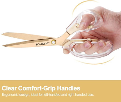 Acrylic Scissors Set, Office Scissors for Desk Gold, Clear Comfort-Grip Handles and Titanium Coated Blades, Sharp Scissors all Purpose Heavy Duty for Sewing, Art, Craft, School, Home Supplies