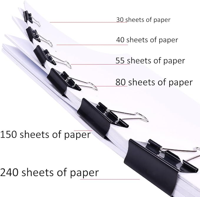 JANYUN 150Pcs Large Binder Clips 6 Assorted Sizes Paper Clamps Clip for Paper Metal Clip Office School Home Supplies (Black)