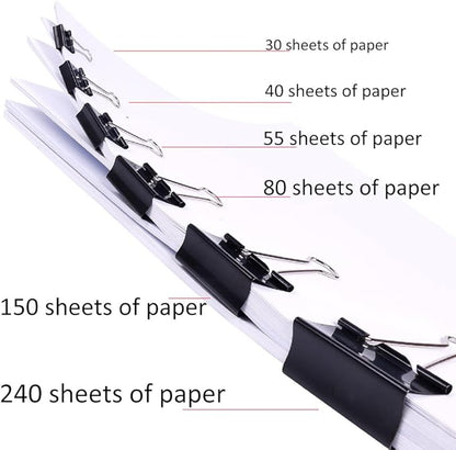 JANYUN 150Pcs Large Binder Clips 6 Assorted Sizes Paper Clamps Clip for Paper Metal Clip Office School Home Supplies (Black)