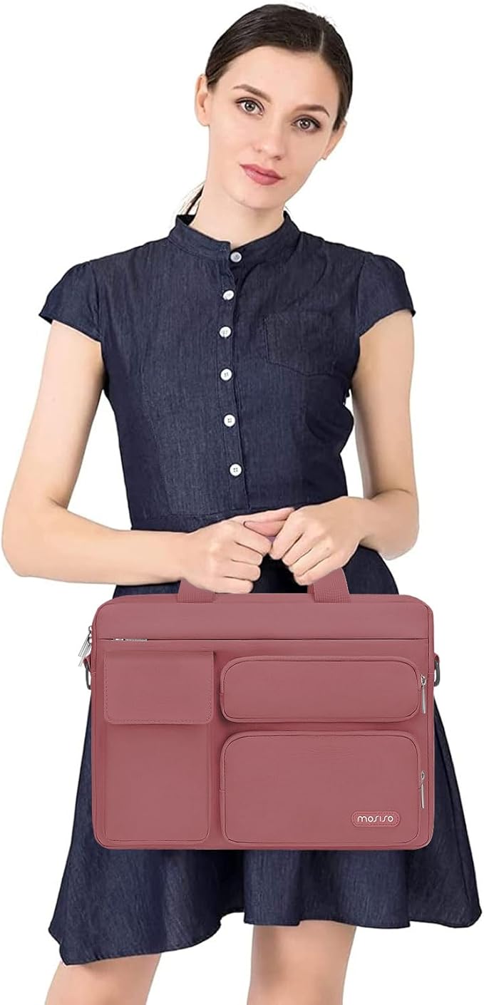 MOSISO Laptop Shoulder Bag 13.3 inch, 13-14 inch Computer Bag Compatible with MacBook Air/Pro 13 / Pro 14, HP Dell ASUS Lenovo with 2 Raised&1 Flapover&1 Horizontal Pocket&Handle&Belt, Dusty Rose