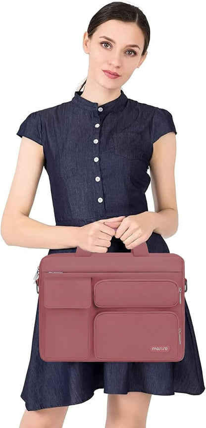 MOSISO Laptop Shoulder Bag 13.3 inch, 13-14 inch Computer Bag Compatible with MacBook Air/Pro 13 / Pro 14, HP Dell ASUS Lenovo with 2 Raised&1 Flapover&1 Horizontal Pocket&Handle&Belt, Dusty Rose