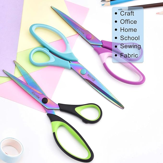 8.5" All-Purpose Scissors Set of 3, Sharp Titanium Coated Blades, Comfort-Grip, Right/Left Handed