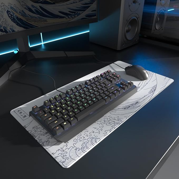 Large Japanese Sea Wave Mouse Pad - White Anime Desk Mat, Extended Non-Slip Keyboard Pad, Kanagawa Office Desktop Protector 23.6" x 11.8" for Gaming, Office and Home