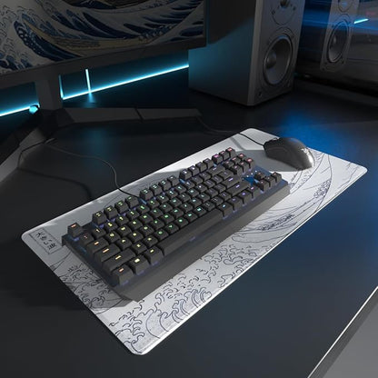 Large Japanese Sea Wave Mouse Pad - White Anime Desk Mat, Extended Non-Slip Keyboard Pad, Kanagawa Office Desktop Protector 23.6" x 11.8" for Gaming, Office and Home