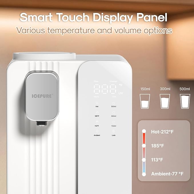 ICEPURE ICP-WFC004 Countertop Reverse Osmosis System, Instant Hot Water Dispenser, 3-Stage RO Water Filter, 3:1 Pure to Drain, Water Purifier for Home, 4 Temperature Options, No Installation Required