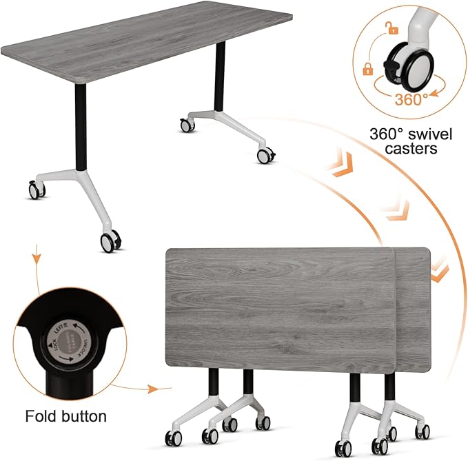 Conference Room Table, 55 Inch Folding Conference Tables with Wheels, Modern Office Meeting Table, Easy Flip & Nest Design, Rectangular Seminar Tables with Metal Frame for 2-24 People(C 4PCS)