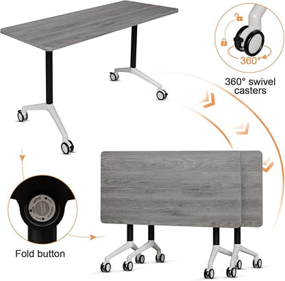 Conference Room Table, 55 Inch Folding Conference Tables with Wheels, Modern Office Meeting Table, Easy Flip & Nest Design, Rectangular Seminar Tables with Metal Frame for 2-24 People(C 4PCS)