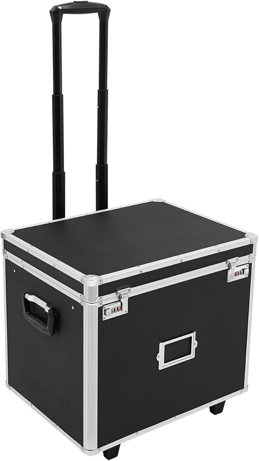 Portable File Storage Box with Telescopic Handle, 15" x 16" x 19" Mobile Lock Box, Double Combination Locking Cabinet, Black