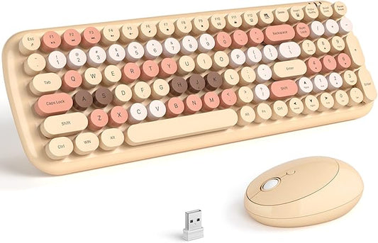 KNOWSQT Wireless Keyboard and Mouse Combo, Light Milktea 100 Keys 2.4 GHz Round Keycap Typewriter Ctue Keyboards, USB Receiver Plug and Play, for Windows, PC, Laptop, Computer, Desktop