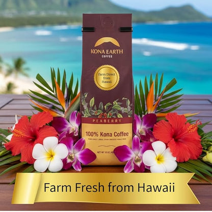 KONA EARTH 100% Kona Peaberry Coffee, Medium Dark Roast, Whole Bean, 1 lb (16oz) Farm-Direct Authentic Hawaiian Kona Coffee beans from Hawaii’s Big Island, Micro-Batch-Roasted