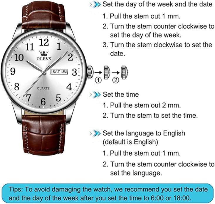 OLEVS Mens Watches Vintage Leather Band Dress Classic Easy Reader Arabic Numerals Analog Quartz Waterproof Date and Day Blue/Black/White Large Face Men's Wrist Watches