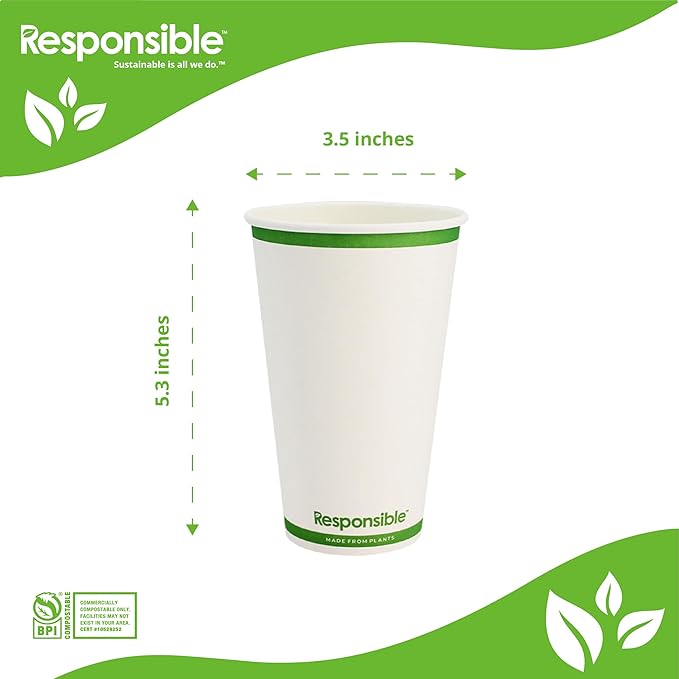 Responsible Products Certified Compostable 16 oz Paper Cups, Cold ＆ Hot Coffee Cups, Disposable Paper Cups, Extra Strength Disposable Cups, Made without PFAS (50 count)