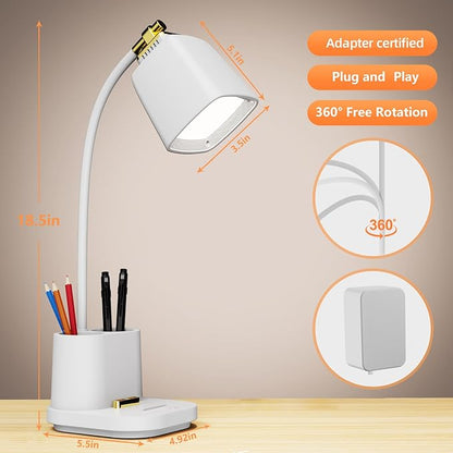 LED Desk Lamp with USB Charging Port Touch Control 3 Color Modes, Stepless Dimming,Eye-Caring LED Table Lamp for Home,Office,Bedroom,Reading,Work,Study,Gooseneck Lamp, 5V, 2.4A