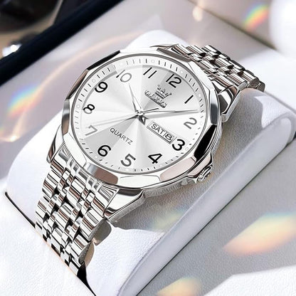 Men's Casual Stainless Steel Watch, Big Face Easy to Read Analog Quartz Watch with Day and Date, Classic Waterproof Diamond Roman Arabic Numerals Dial Dress Watch for Men, Gold Silver Black Band