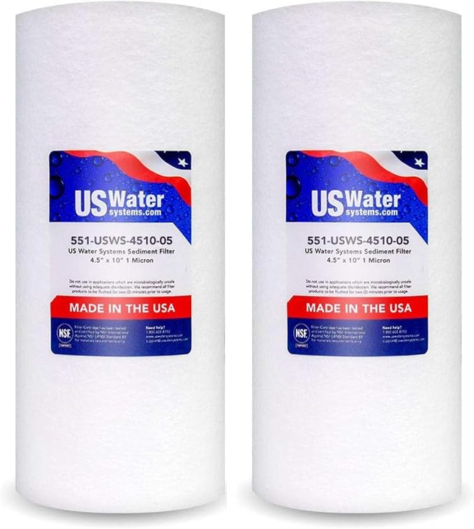 US Water Systems Spun Polypropylene Sediment Filter 5 Micron Water Filter 10 X 4.5, Whole House Water Filter Cartridge that Removes Dirt, Rust, and Sediment, Made in the USA, Pack of 2