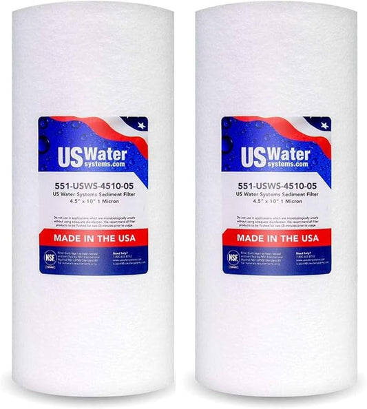 US Water Systems Spun Polypropylene Sediment Filter 5 Micron Water Filter 10 X 4.5, Whole House Water Filter Cartridge that Removes Dirt, Rust, and Sediment, Made in the USA, Pack of 2