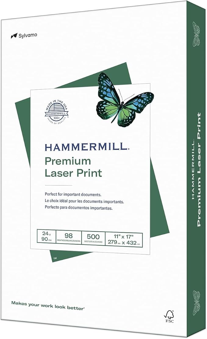 Hammermill Printer Paper, Premium Laser Print 24 lb, 11 x 17-1 Ream (500 Sheets) - 98 Bright, Made in the USA