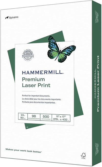 Hammermill Printer Paper, Premium Laser Print 24 lb, 11 x 17-1 Ream (500 Sheets) - 98 Bright, Made in the USA