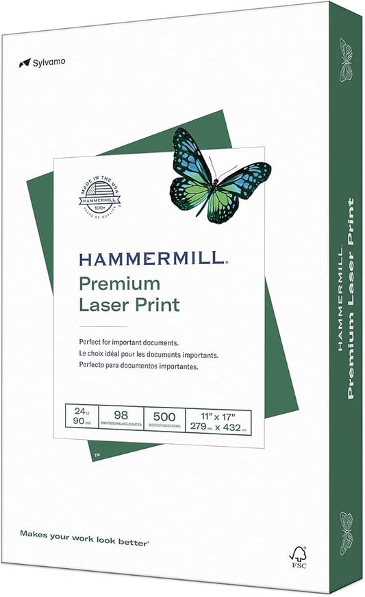 Hammermill Printer Paper, Premium Laser Print 24 lb, 11 x 17-1 Ream (500 Sheets) - 98 Bright, Made in the USA