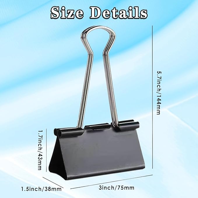6PCS Jumbo Binder Clips 3 Inch, Black, Binder Clips Extra Large Heavy Duty for Office Supplies