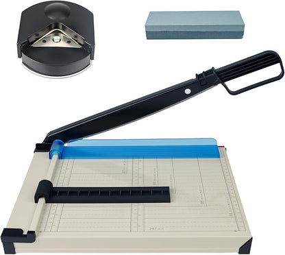 12" Guillotine Paper Cutter and Trimmer with Corner Rounder Cutter & Sharpening Stone,Heavy Duty 16 Sheet Capacity Metal Base for A4,Cardstock,Photo Paper,Office School Craft Use-Updated