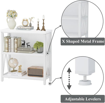 FATORRI Small Bookshelf for Small Space, Short Rustic Low Bookcase, Modern Wood and Metal Book Shelf and Narrow Book Case for Living Room, Hallway (White Oak)
