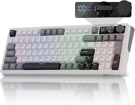 RK ROYAL KLUDGE M100 Wireless Mechanical Keyboard w/Screen & Dual Knobs, Tri-Mode Gasket Mount Gaming Keyboard with Number Pad, Hot Swappable Cream Switch, White
