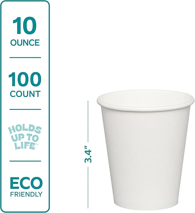GUSTO White Paper Cups [10 oz - 100 Count] Disposable Coffee Cup for Hot Drinks – Sturdy & Eco-Friendly – Paper Cups for Tea, Cocoa & More – (Formerly Comfy Package)