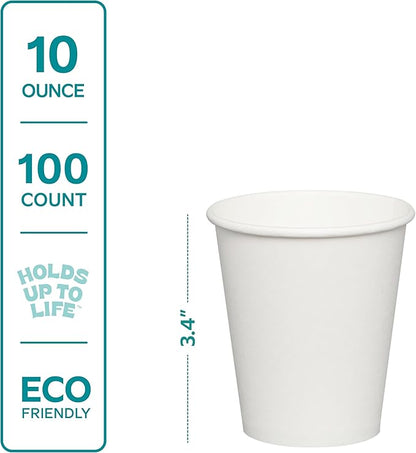 GUSTO White Paper Cups [10 oz - 100 Count] Disposable Coffee Cup for Hot Drinks – Sturdy & Eco-Friendly – Paper Cups for Tea, Cocoa & More – (Formerly Comfy Package)