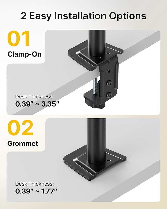monTEK Stable Vertical Dual Monitor Mount, Stacked Desk Stand for Two 17-32 inch Screens, Full Motion Arm with Tilt, Swivel, Rotation, Supports 22 lbs per Arm, C-Clamp/Grommet Base, VESA 100×100mm Max