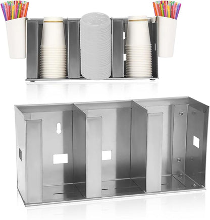 Adjustable Stainless Steel Cup & Lid Holder - 3 Compartments, 32 oz Cup Dispenser for Restaurant, Straw Organizer Commercial Cup Holder, 304 Stainless Steel Lid Dispenser