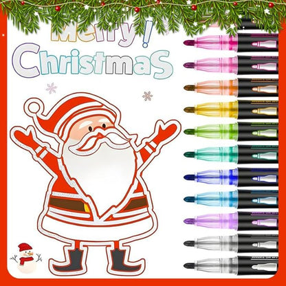 4-Pack Strong Double Sided Tape Roller with 12 Colors Double Line Outline Marker|0.23inx16.4ft Adhesive Tape Glue for Christmas Gift Wrapping,Scrapbooking,Photo,School Office DIY (Blue+12 Pens)