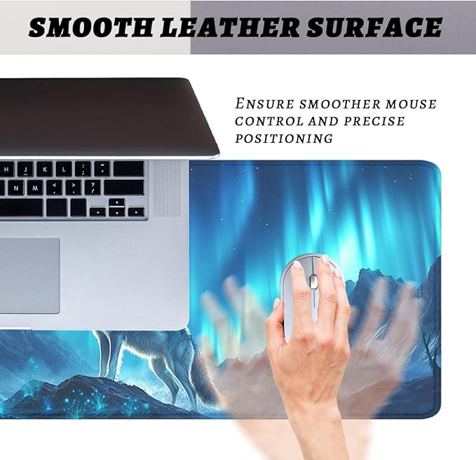 Howling Wolf Desk Pad Mouse Pad Northern Lights Full Moon Aurora Large Gaming Mouse Mat with Stitched Edges,Non-Slip Waterproof Rubber Base Mous Mat 31.5"x11.8"