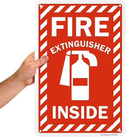 SmartSign 18 x 12 inch “Fire Extinguisher Inside” Sign with Pre-cleared Holes, Digitally Printed, 55 mil HDPE Plastic, Red and white, Made in USA